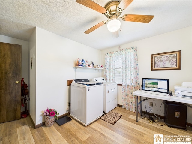 407 N Clark St, Olean, NY 14760 - laundry room featuring independent washer and dryer, light wood-type flooring, a ceiling fan, and an office area
