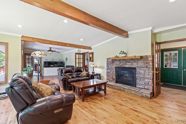 20 Hickory Grove Rd, Spur, Minetto, NY 13069 - living room with beamed ceiling, light wood finished floors, crown molding, recessed lighting, and a fireplace