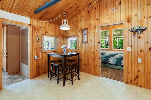 1753 Log Cabin Rd, Torrey, NY 14527 - dining room with vaulted ceiling, healthy amount of natural light, wooden walls, and wooden ceiling