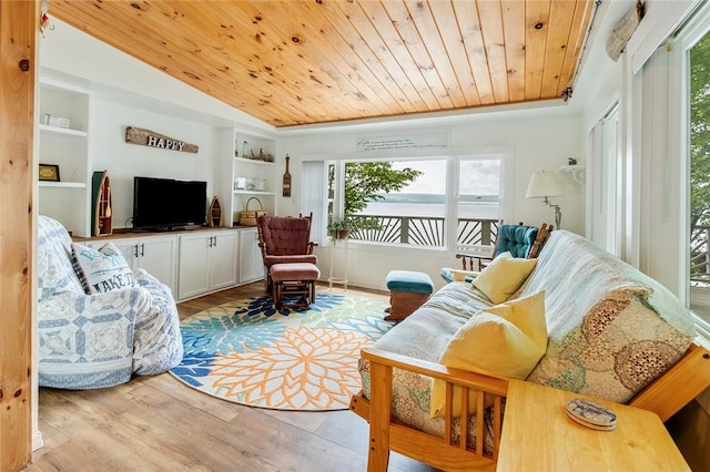 1753 Log Cabin Rd, Torrey, NY 14527 - living area featuring wood ceiling, built in shelves, and light wood-type flooring