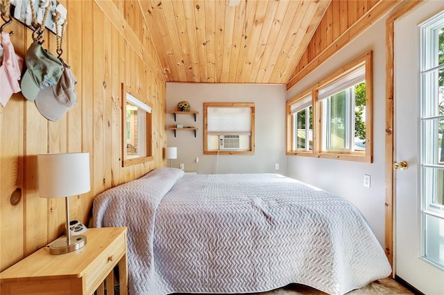 1753 Log Cabin Rd, Torrey, NY 14527 - bedroom featuring vaulted ceiling, wooden ceiling, wood walls, and cooling unit