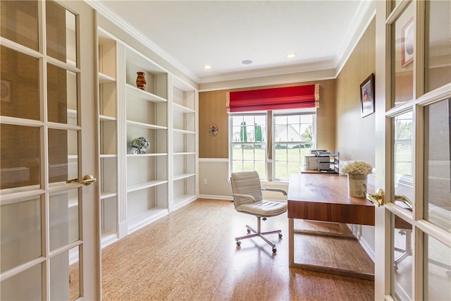 801 Surrey Hill Way, Henrietta, NY 14623 - office with crown molding, wood finished floors, built in shelves, and recessed lighting