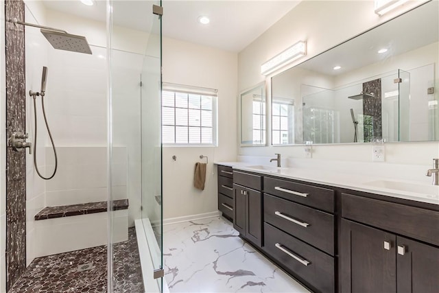 801 Surrey Hill Way, Henrietta, NY 14623 - full bath featuring a stall shower, marble finish floors, double vanity, and recessed lighting
