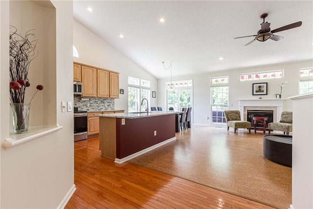 801 Surrey Hill Way, Henrietta, NY 14623 - kitchen with stainless steel appliances, light wood-style floors, open floor plan, a center island with sink, and light countertops