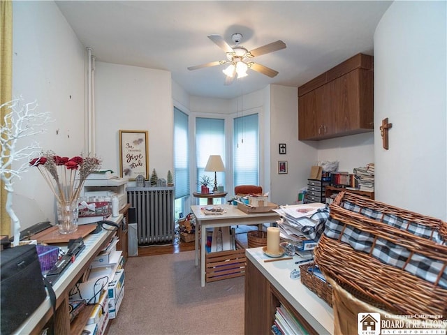 12 Central Ave, Portland, NY 14716 - home office featuring radiator, a ceiling fan, and light carpet