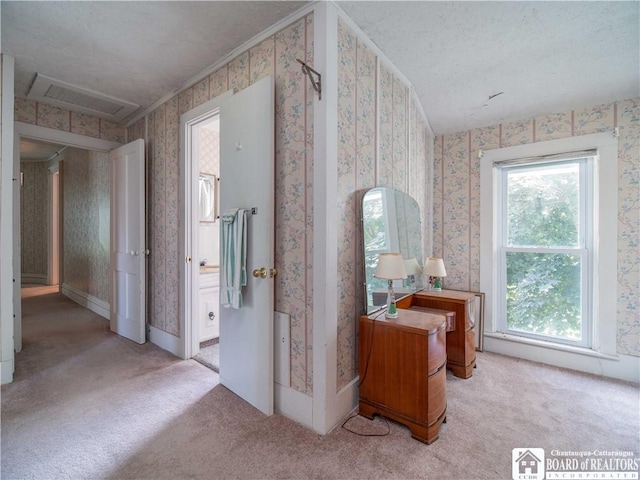 12 Central Ave, Portland, NY 14716 - hallway featuring carpet floors, wallpapered walls, and attic access