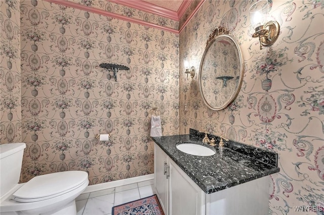 9555 The Maples, Clarence, NY 14031 - bathroom with wallpapered walls, vanity, and tile patterned floors