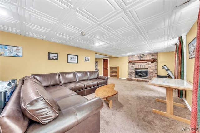 9555 The Maples, Clarence, NY 14031 - carpeted living room featuring an ornate ceiling and a large fireplace