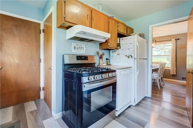 85 Campfire Rd N, Henrietta, NY 14467 - kitchen with stainless steel gas range oven, under cabinet range hood, light wood-style floors, white dishwasher, and light countertops