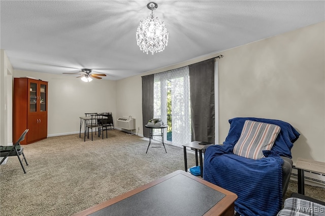 335 S Cayuga Rd Unit B, Amherst, NY 14221 - living area with ceiling fan, carpet flooring, a chandelier, a wall unit AC, and a textured ceiling