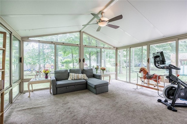 28 Crossfield Rd, Perinton, NY 14450 - sunroom / solarium featuring a wall of windows, ceiling fan, carpet, and outdoor lounge area