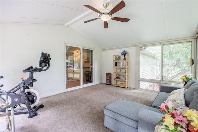 28 Crossfield Rd, Perinton, NY 14450 - exercise area featuring ceiling fan, carpet flooring, and vaulted ceiling