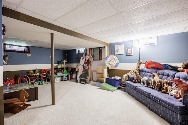 28 Crossfield Rd, Perinton, NY 14450 - basement with a paneled ceiling, carpet floors, and electric panel