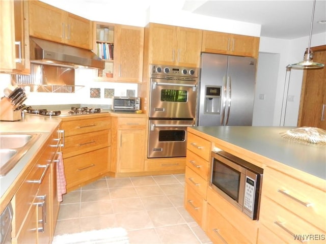 109 Pine Run, Concord, NY 14069 - kitchen with appliances with stainless steel finishes, under cabinet range hood, glass insert cabinets, light tile patterned flooring, and hanging light fixtures