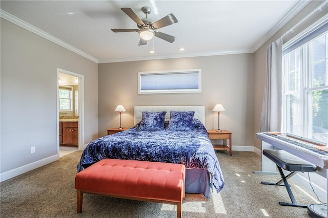 996 Summer Creek Ln, Webster, NY 14580 - carpeted bedroom featuring ornamental molding, ensuite bathroom, and a ceiling fan