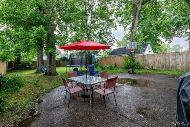 29 Charlestown Rd, Amherst, NY 14226 - fenced backyard with a trampoline, a patio, and outdoor dining space