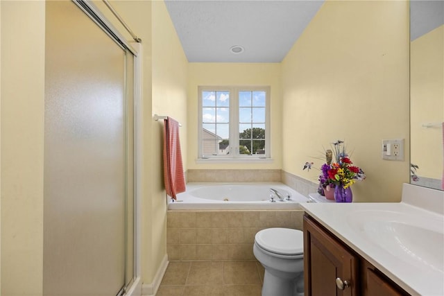 18 Butterfly Ln, Henrietta, NY 14586 - full bathroom featuring vanity, tile patterned flooring, a stall shower, and a jetted tub