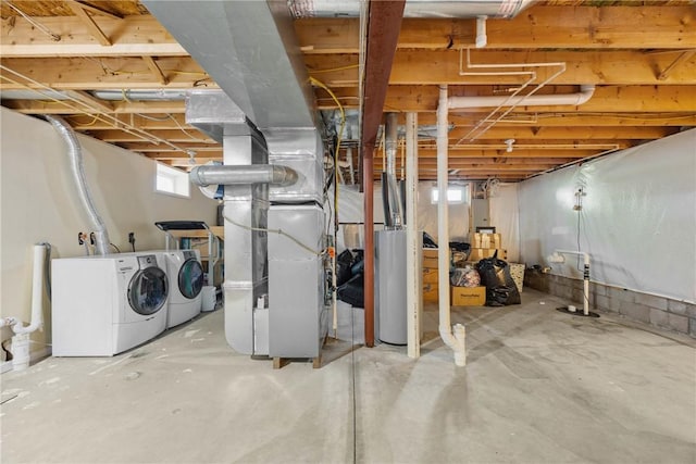 18 Butterfly Ln, Henrietta, NY 14586 - basement featuring heating unit, washer and dryer, water heater, and drainage system