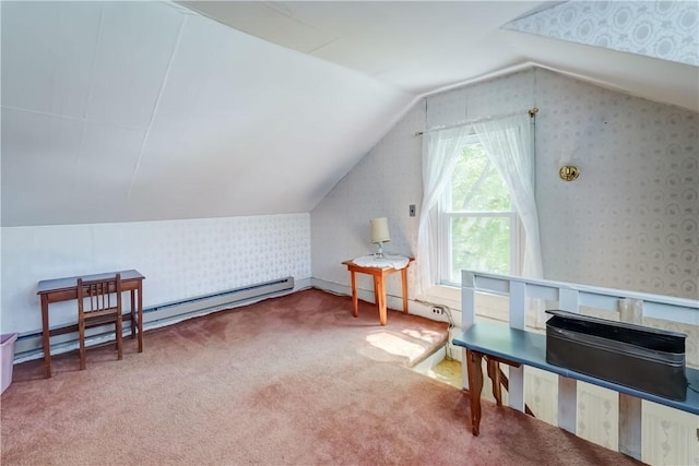 212 Hill Rd, Danby, NY 14001 - bonus room with wallpapered walls, lofted ceiling, a baseboard radiator, and carpet floors