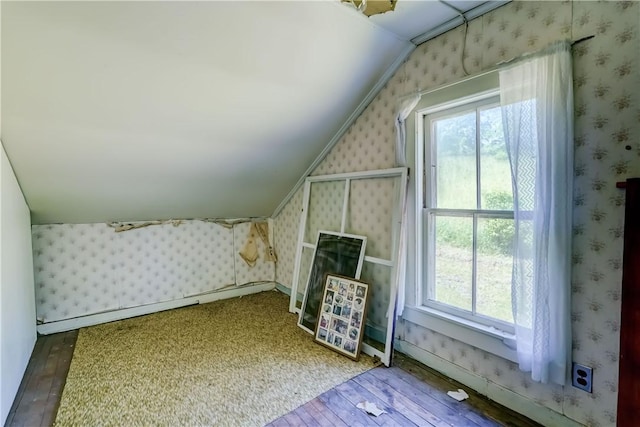212 Hill Rd, Danby, NY 14001 - additional living space with lofted ceiling, hardwood / wood-style floors, and wallpapered walls