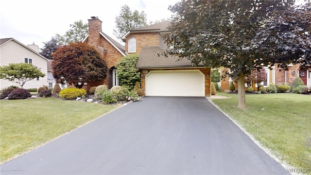 6097 Wellesley Cmn, Clarence, NY 14051 - view of property hidden behind natural elements featuring asphalt driveway, an attached garage, a front yard, and brick siding