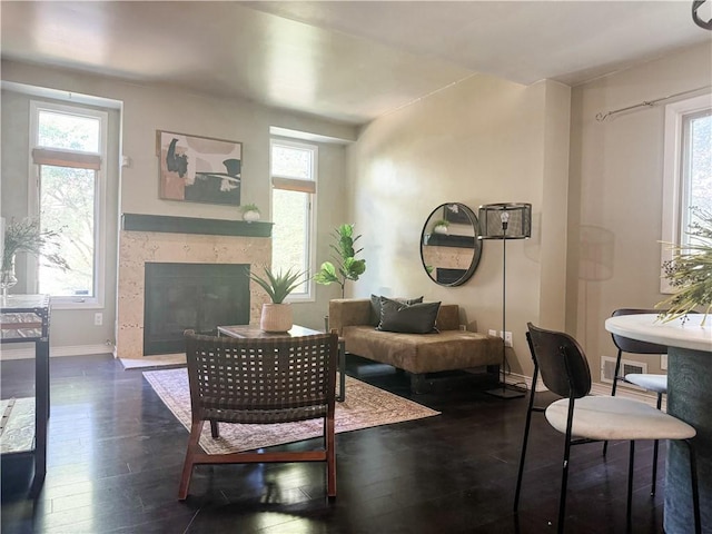 124 Adams St, Rochester, NY 14608 - living area featuring healthy amount of natural light, a fireplace, and dark wood-style flooring