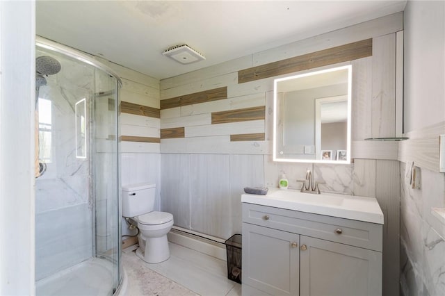 1015 Wayneport Rd, Macedon, NY 14502 - bathroom with vanity, a stall shower, a baseboard heating unit, and wooden walls