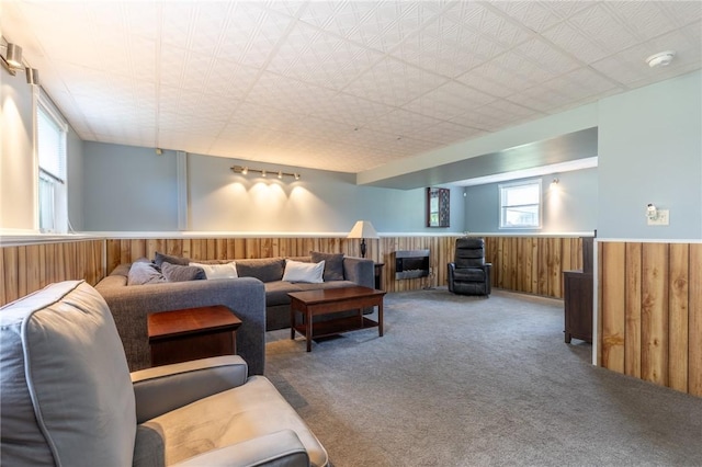 11 Wenrich Cir, Henrietta, NY 14586 - living room featuring a wainscoted wall, wood walls, and carpet flooring