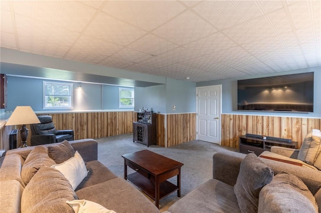 11 Wenrich Cir, Henrietta, NY 14586 - living room with wainscoting, wood walls, and carpet floors