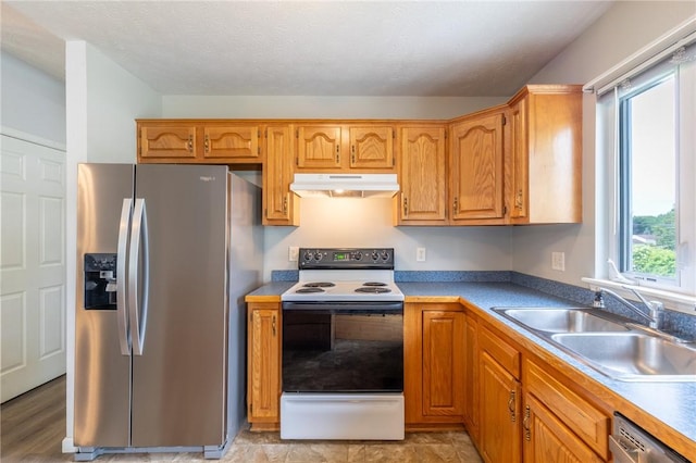 11 Wenrich Cir, Henrietta, NY 14586 - kitchen featuring stainless steel fridge, electric stove, under cabinet range hood, dishwashing machine, and brown cabinets