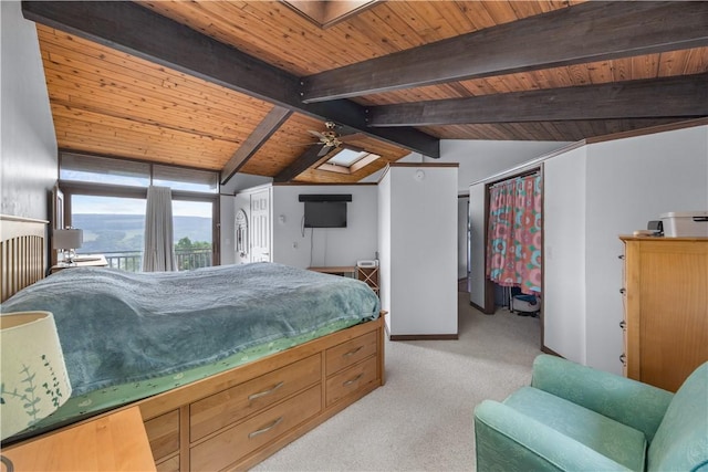 4570 Vine Rd, Jerusalem, NY 14527 - bedroom with wooden ceiling, light colored carpet, and access to outside