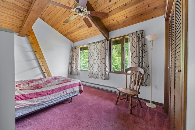 4570 Vine Rd, Jerusalem, NY 14527 - bedroom featuring baseboard heating, carpet floors, wood ceiling, and ceiling fan