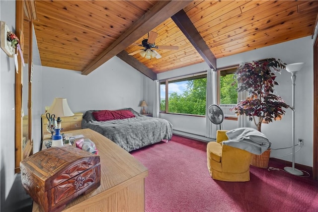 4570 Vine Rd, Jerusalem, NY 14527 - carpeted bedroom featuring a baseboard heating unit, wood ceiling, and ceiling fan