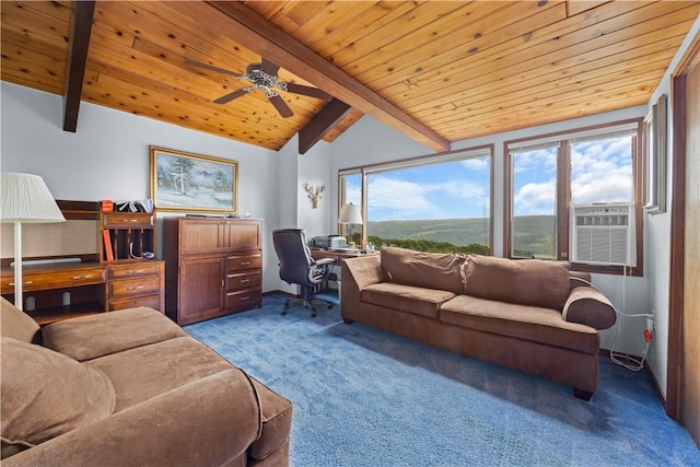 4570 Vine Rd, Jerusalem, NY 14527 - carpeted living area with an office area, wooden ceiling, ceiling fan, and cooling unit