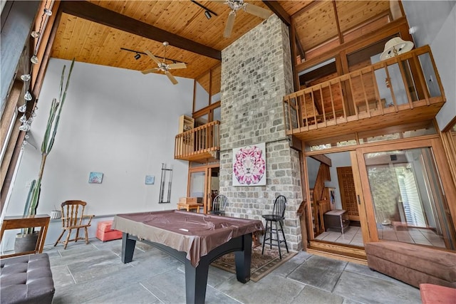 4570 Vine Rd, Jerusalem, NY 14527 - rec room featuring a ceiling fan, high vaulted ceiling, a wooden ceiling with exposed beams, pool table, and stone finish floors