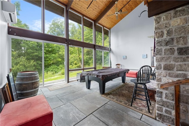 4570 Vine Rd, Jerusalem, NY 14527 - playroom featuring a wooden ceiling with exposed beams, high vaulted ceiling, plenty of natural light, ceiling fan, and pool table