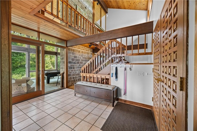 4570 Vine Rd, Jerusalem, NY 14527 - stairway featuring tile patterned floors and wooden ceiling
