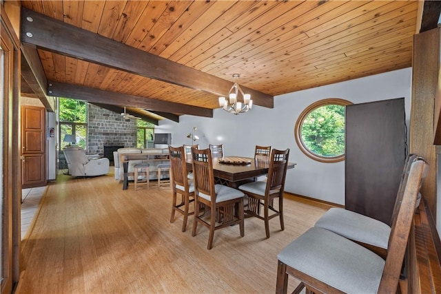4570 Vine Rd, Jerusalem, NY 14527 - dining space featuring light wood-style floors, plenty of natural light, a fireplace, wooden ceiling, and a chandelier