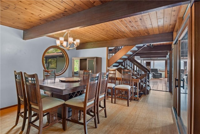 4570 Vine Rd, Jerusalem, NY 14527 - dining area featuring a chandelier, stairway, wood finished floors, and a wooden ceiling with exposed beams