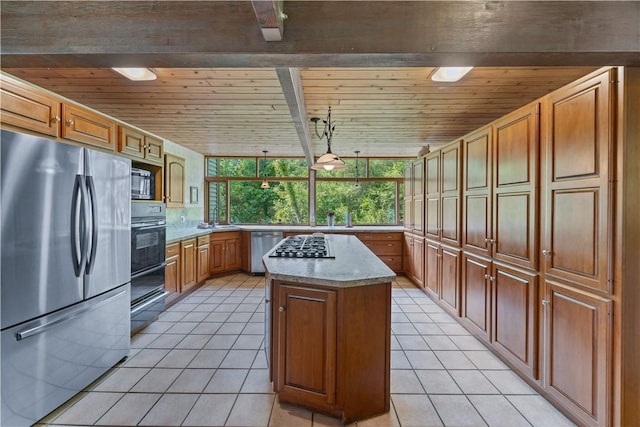 4570 Vine Rd, Jerusalem, NY 14527 - kitchen with appliances with stainless steel finishes, wood ceiling, a kitchen island, light tile patterned flooring, and light stone counters