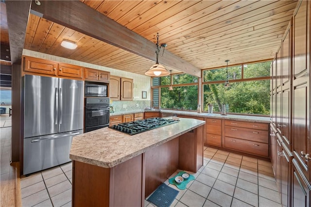 4570 Vine Rd, Jerusalem, NY 14527 - kitchen with black appliances, light countertops, a wood ceiling with exposed beams, light tile patterned floors, and a kitchen island