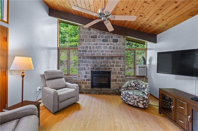 4570 Vine Rd, Jerusalem, NY 14527 - living room featuring wood finished floors, a fireplace, a ceiling fan, wood ceiling, and cooling unit
