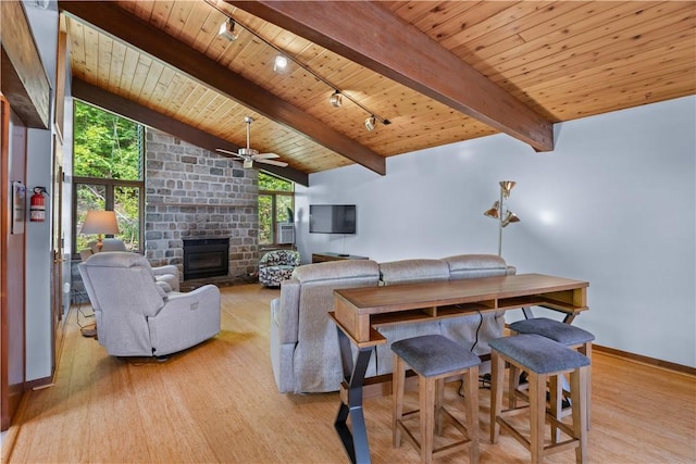 4570 Vine Rd, Jerusalem, NY 14527 - living room with wood ceiling, light wood finished floors, rail lighting, ceiling fan, and a fireplace