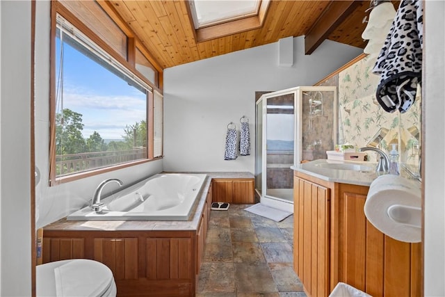 4570 Vine Rd, Jerusalem, NY 14527 - full bathroom featuring a stall shower, plenty of natural light, a bath, and wooden ceiling