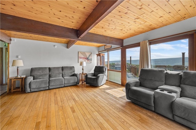 4570 Vine Rd, Jerusalem, NY 14527 - living room featuring light wood-style flooring, a water view, and a wood ceiling with exposed beams