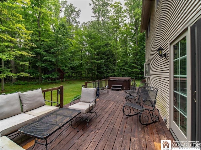 5616 Stow Rd, North Harmony, NY 14710 - deck with a hot tub, an outdoor living space, and a lawn