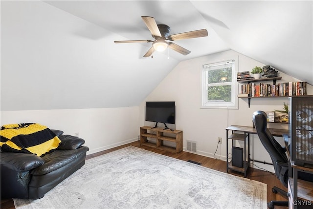 102 Bramley Dr, Camillus, NY 13031 - home office with lofted ceiling, wood finished floors, and ceiling fan