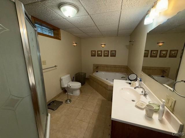 4050 Elmcrest Rd, Salina, NY 13090 - full bathroom with a whirlpool tub, a stall shower, tile patterned flooring, vanity, and a drop ceiling