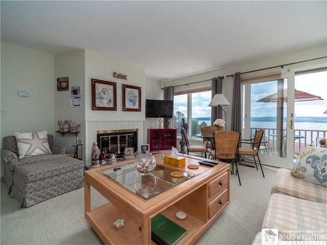 38 Oneida Dr, Chautauqua, NY 14728 - living area with light carpet and a brick fireplace