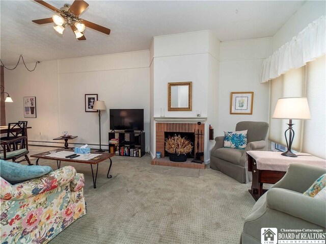 5 Oneida St, Chautauqua, NY 14728 - living room with ceiling fan, light carpet, and a fireplace